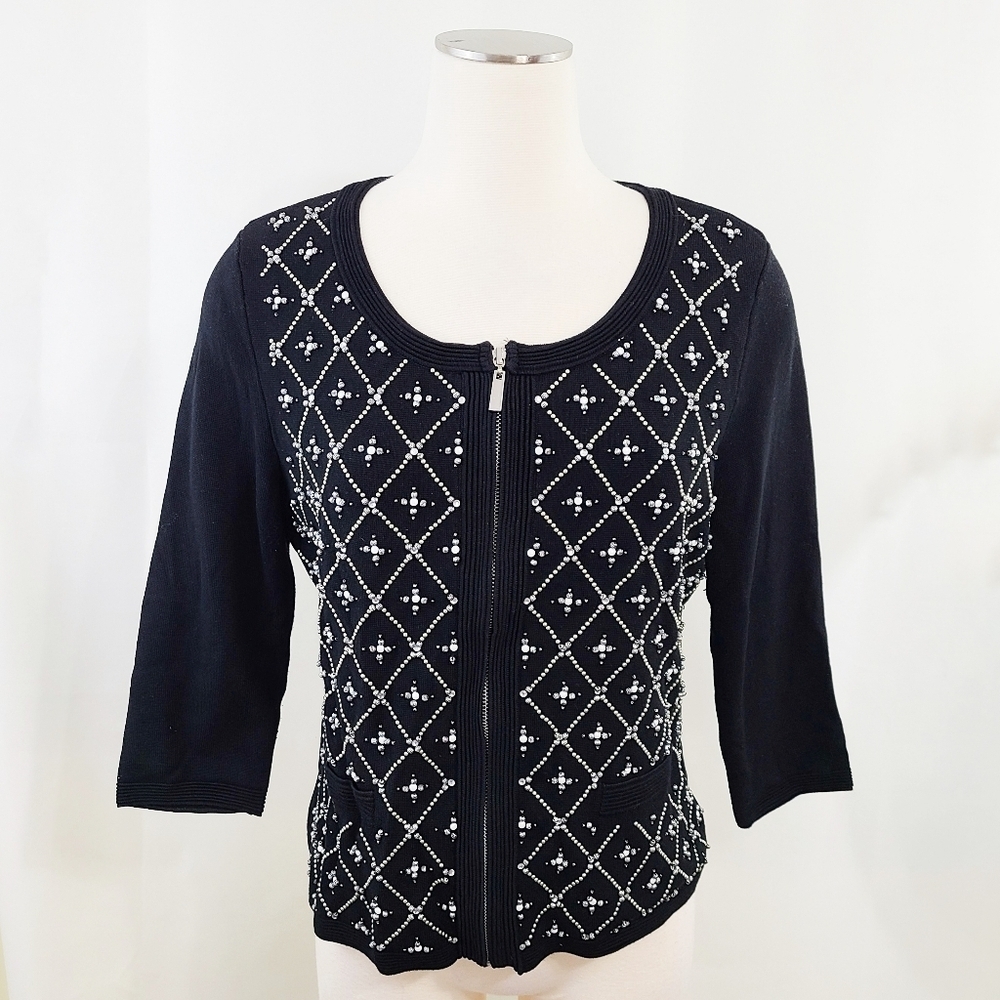 White House Black Market beaded cardigan sweater full zip black silver sz large